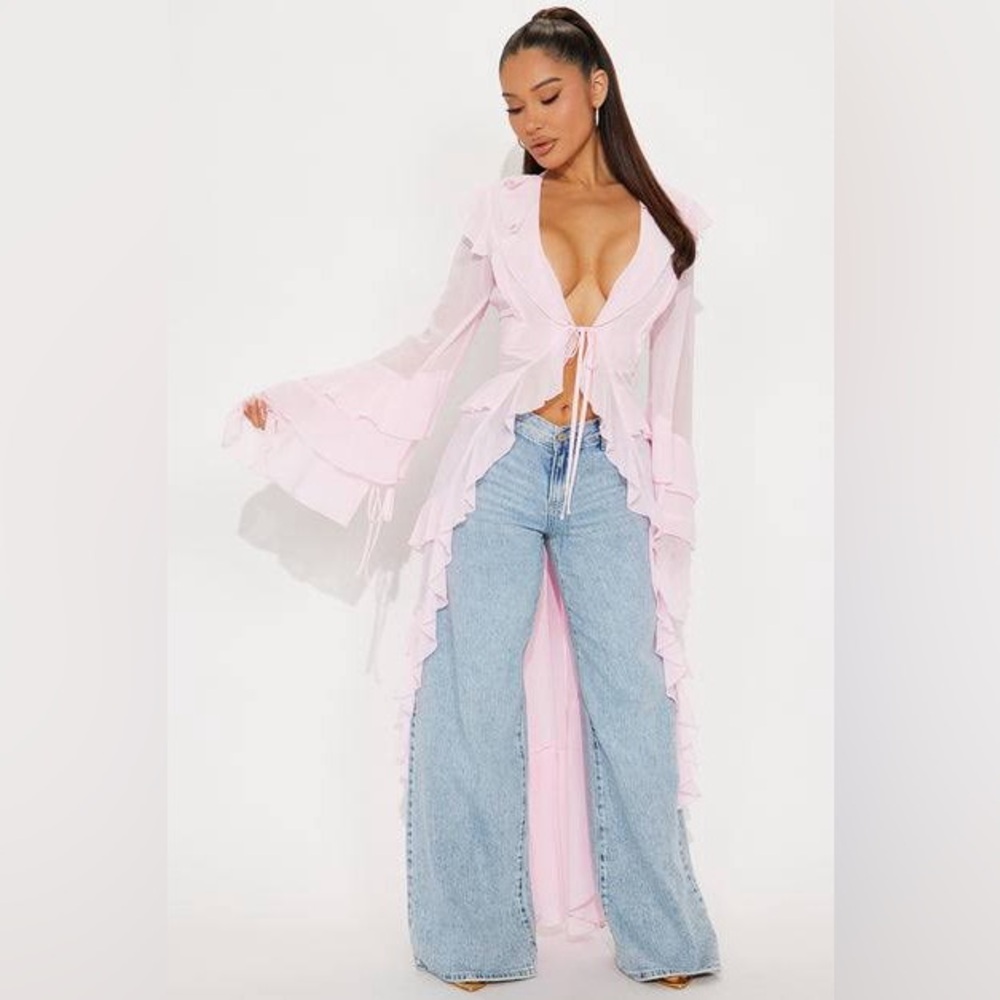 Fashion Nova Pink Ruffled Long Sleeve Top